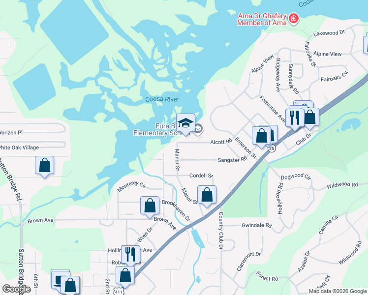 map of restaurants, bars, coffee shops, grocery stores, and more near 1244 Alcott Rd in Gadsden