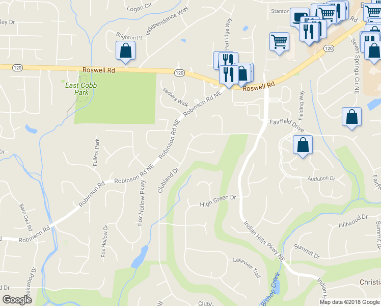map of restaurants, bars, coffee shops, grocery stores, and more near 3467 Clubland Drive in Marietta