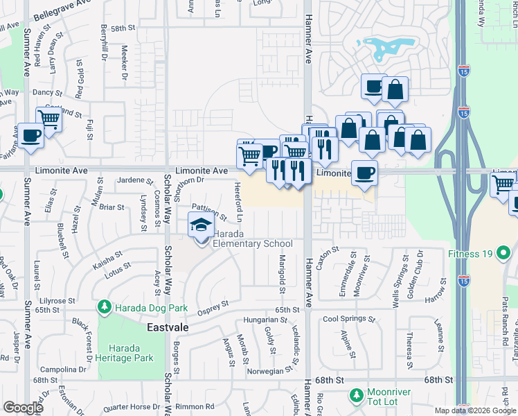 map of restaurants, bars, coffee shops, grocery stores, and more near 6317 Pomegranate Court in Corona