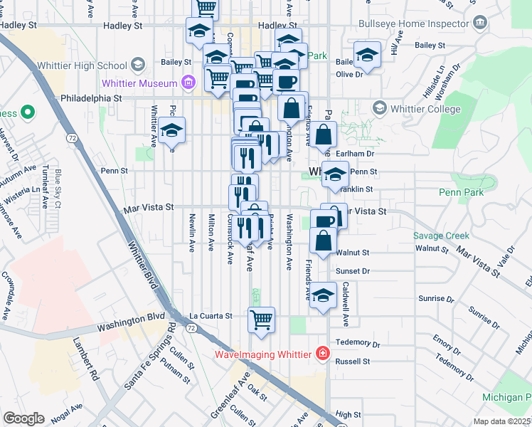 map of restaurants, bars, coffee shops, grocery stores, and more near 7607 Bright Ave in Whittier