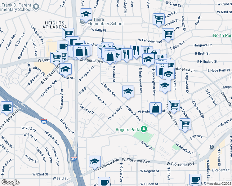 map of restaurants, bars, coffee shops, grocery stores, and more near 849 West Beach Avenue in Inglewood