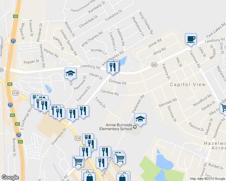 map of restaurants, bars, coffee shops, grocery stores, and more near 7119 Eugene Street in Columbia