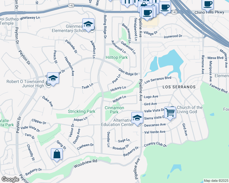 map of restaurants, bars, coffee shops, grocery stores, and more near 3925 Hickory Lane in Chino Hills