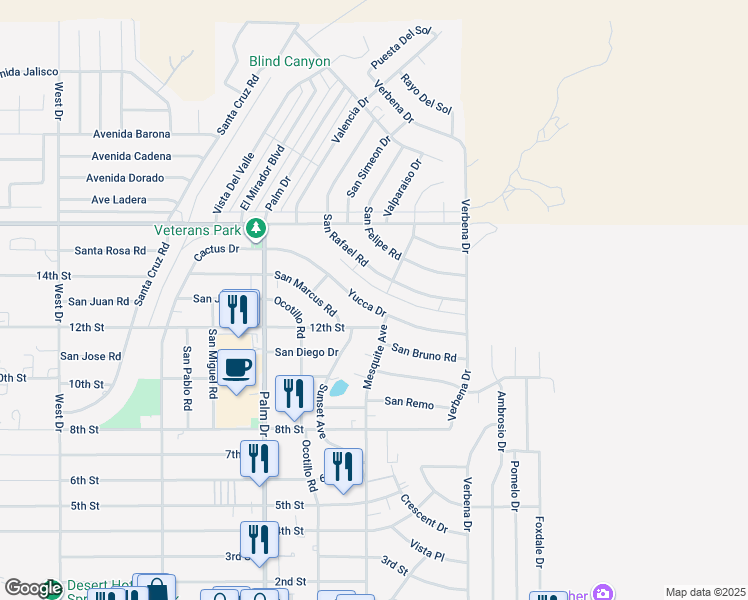 map of restaurants, bars, coffee shops, grocery stores, and more near 66766 Yucca Drive in Desert Hot Springs