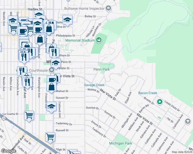 map of restaurants, bars, coffee shops, grocery stores, and more near 7604 Forest Avenue in Whittier
