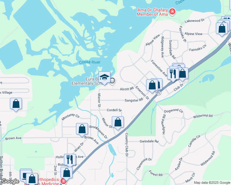 map of restaurants, bars, coffee shops, grocery stores, and more near 1224 Alcott Road in Gadsden