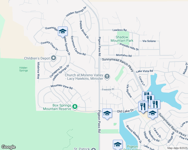map of restaurants, bars, coffee shops, grocery stores, and more near 10175 Sycamore Canyon Road in Moreno Valley