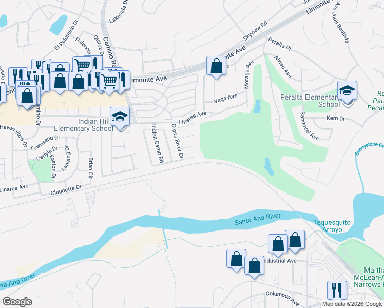 map of restaurants, bars, coffee shops, grocery stores, and more near 7415 Candlelight Drive in Riverside
