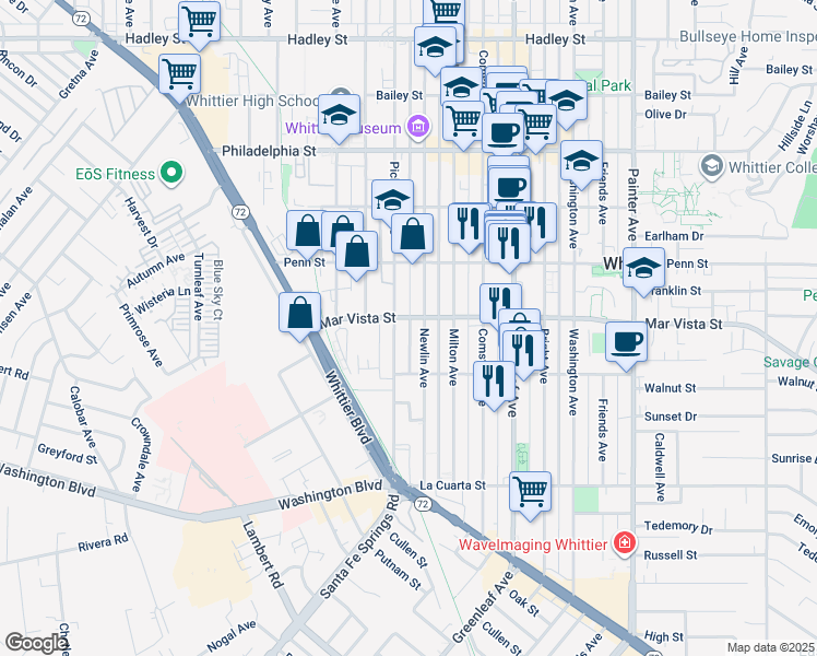 map of restaurants, bars, coffee shops, grocery stores, and more near 7608 Pickering Avenue in Whittier