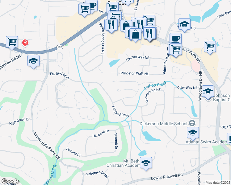 map of restaurants, bars, coffee shops, grocery stores, and more near 4334 Collingham Trace Northeast in Marietta
