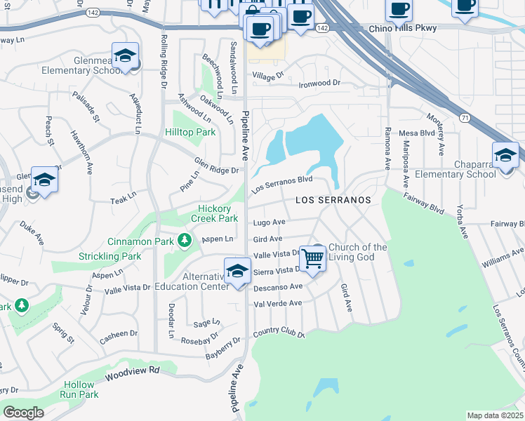 map of restaurants, bars, coffee shops, grocery stores, and more near in Chino Hills