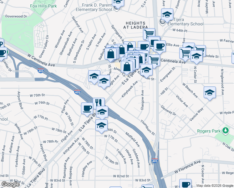 map of restaurants, bars, coffee shops, grocery stores, and more near 7100 La Tijera Boulevard in Los Angeles