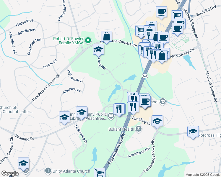 map of restaurants, bars, coffee shops, grocery stores, and more near 5445 Triangle Parkway Northwest in Norcross