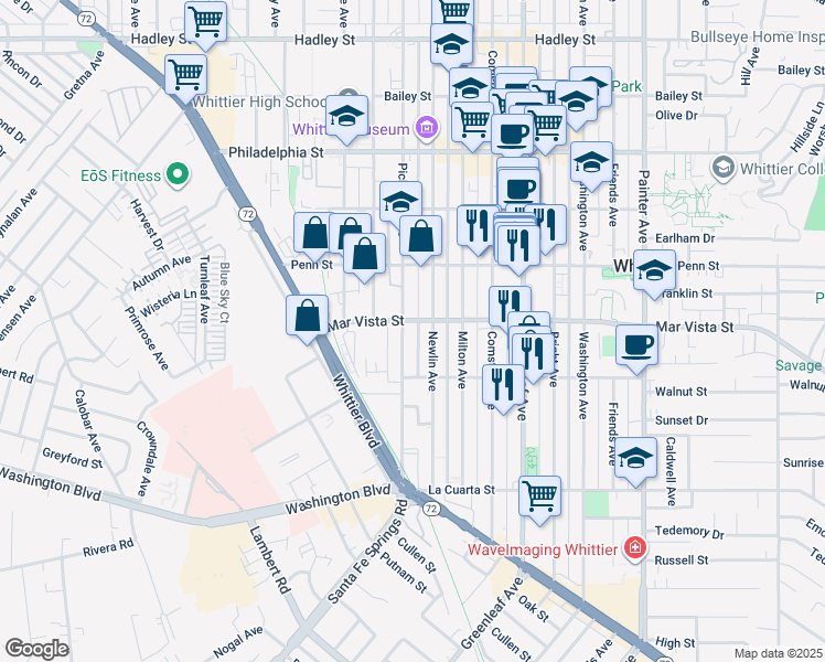 map of restaurants, bars, coffee shops, grocery stores, and more near 7608 Pickering Avenue in Whittier