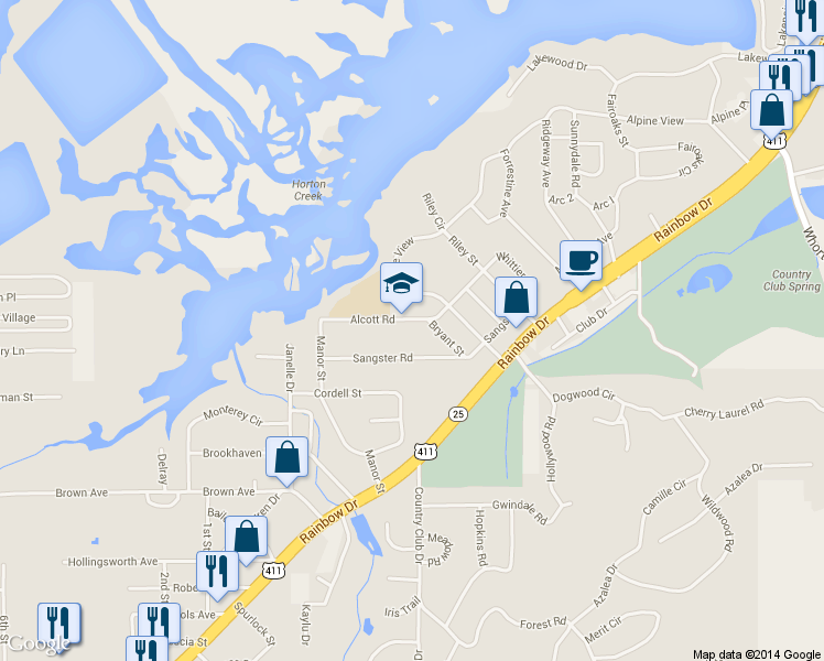 map of restaurants, bars, coffee shops, grocery stores, and more near 1210 Alcott Road in Gadsden