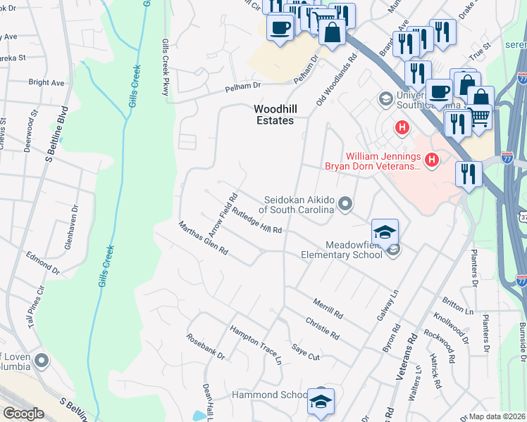 map of restaurants, bars, coffee shops, grocery stores, and more near 6124 Moss Springs Road in Columbia