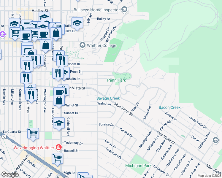 map of restaurants, bars, coffee shops, grocery stores, and more near 7604 Forest Avenue in Whittier