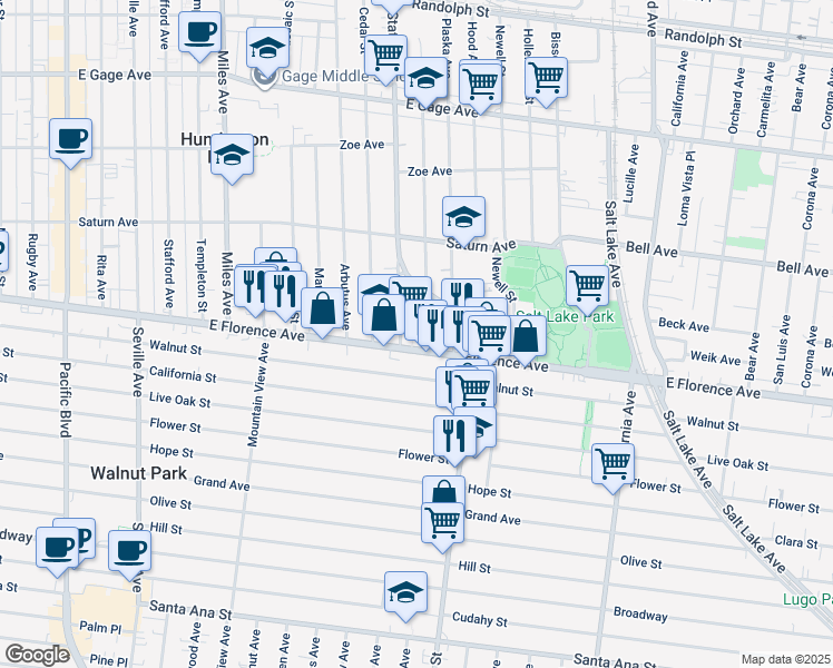 map of restaurants, bars, coffee shops, grocery stores, and more near 7120 Mission Place in Huntington Park