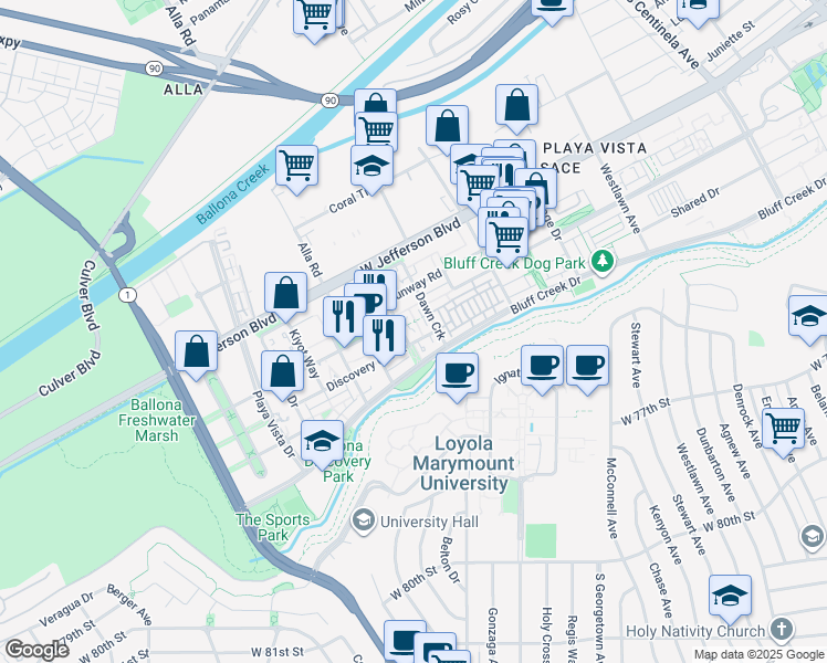 map of restaurants, bars, coffee shops, grocery stores, and more near 2 Playa Vista Drive in Los Angeles