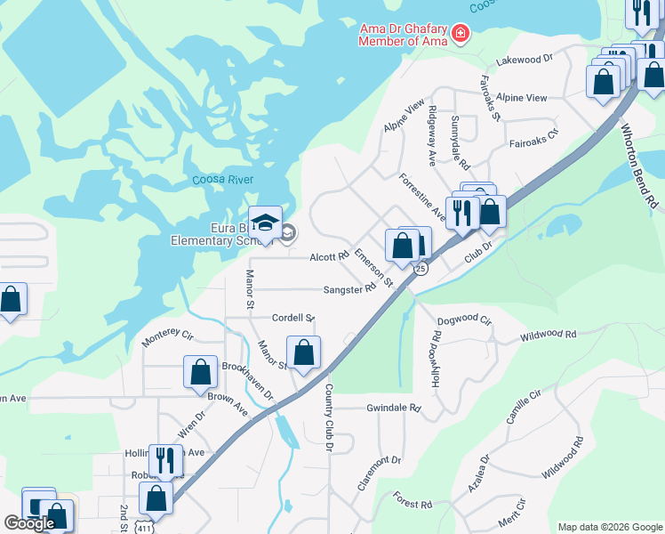 map of restaurants, bars, coffee shops, grocery stores, and more near 1208 Alcott Road in Gadsden