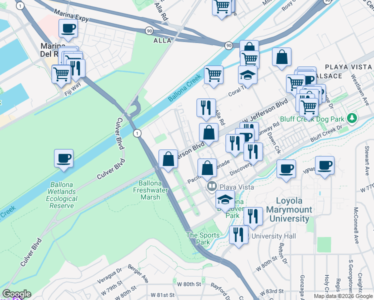 map of restaurants, bars, coffee shops, grocery stores, and more near W Jefferson Blvd & Playa Vista Dr in Marina Del Rey