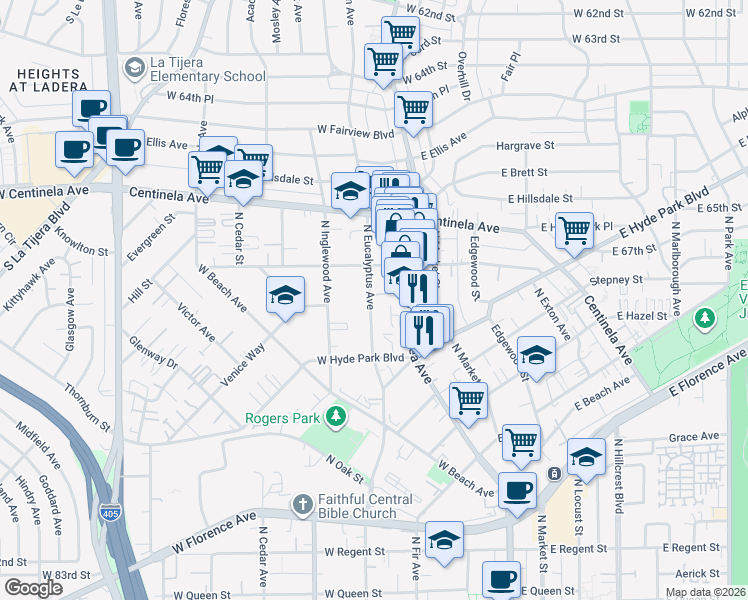 map of restaurants, bars, coffee shops, grocery stores, and more near 800 North Eucalyptus Avenue in Inglewood