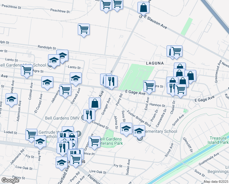 map of restaurants, bars, coffee shops, grocery stores, and more near 6446 Gage Avenue in Bell Gardens