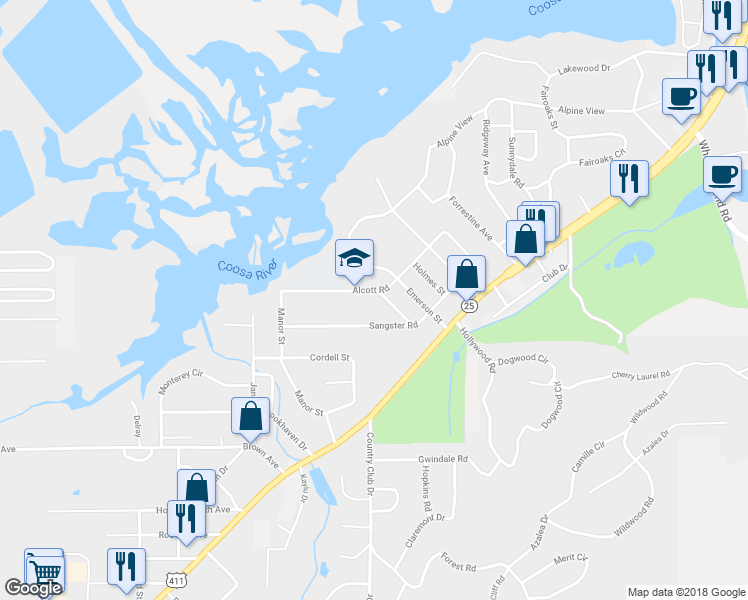 map of restaurants, bars, coffee shops, grocery stores, and more near 1208 Alcott Road in Gadsden