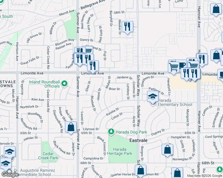 map of restaurants, bars, coffee shops, grocery stores, and more near 13145 Briar Street in Corona