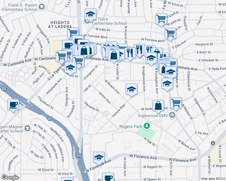 map of restaurants, bars, coffee shops, grocery stores, and more near 856 West Beach Avenue in Inglewood