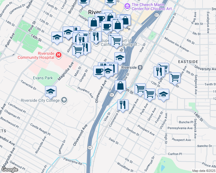 map of restaurants, bars, coffee shops, grocery stores, and more near 4447 Mulberry Street in Riverside
