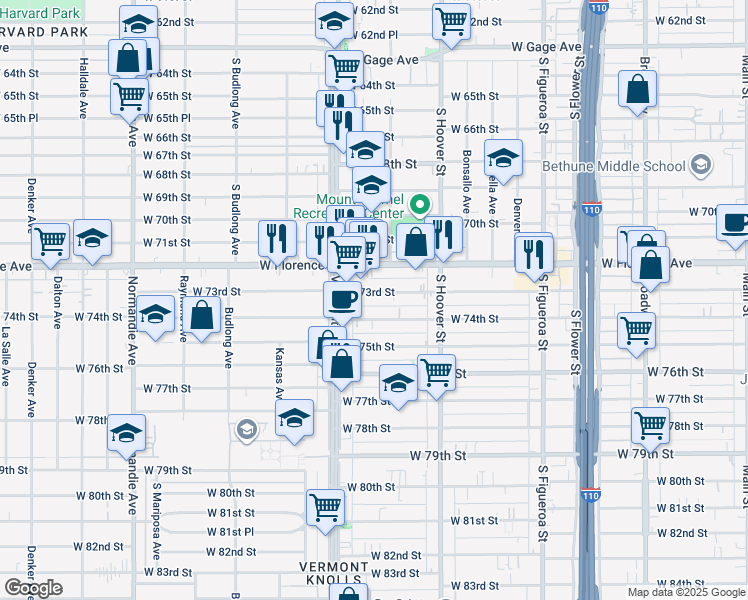 map of restaurants, bars, coffee shops, grocery stores, and more near 920 West 73rd Street in Los Angeles