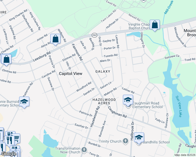 map of restaurants, bars, coffee shops, grocery stores, and more near 7301 Venus Road in Columbia
