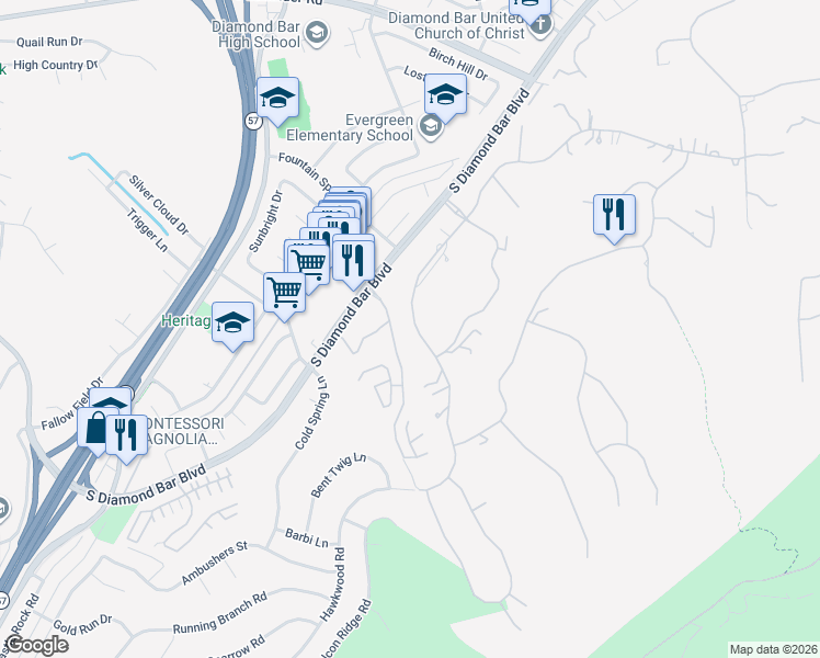 map of restaurants, bars, coffee shops, grocery stores, and more near 2831 Steeplechase Lane in Diamond Bar