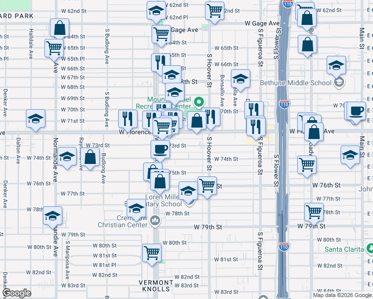 map of restaurants, bars, coffee shops, grocery stores, and more near 856 West 73rd Street in Los Angeles