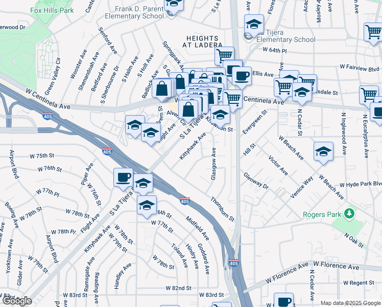 map of restaurants, bars, coffee shops, grocery stores, and more near 7030 Kittyhawk Avenue in Los Angeles