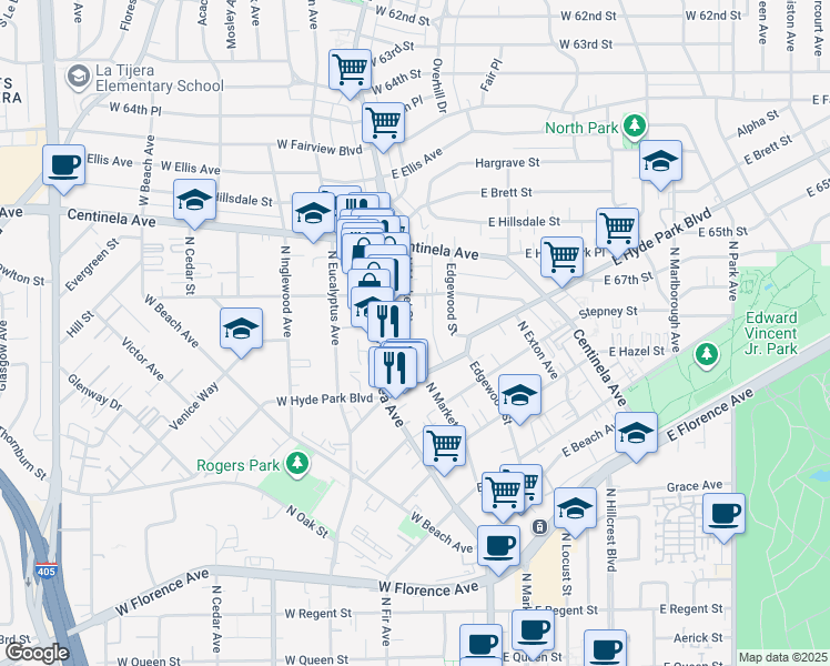 map of restaurants, bars, coffee shops, grocery stores, and more near 802 North Market Street in Inglewood