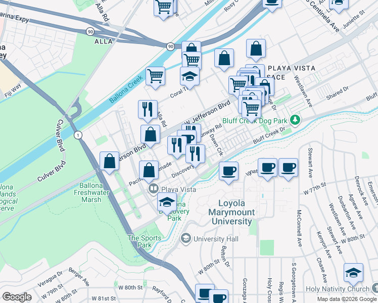 map of restaurants, bars, coffee shops, grocery stores, and more near 6020 South Seabluff Drive in Los Angeles