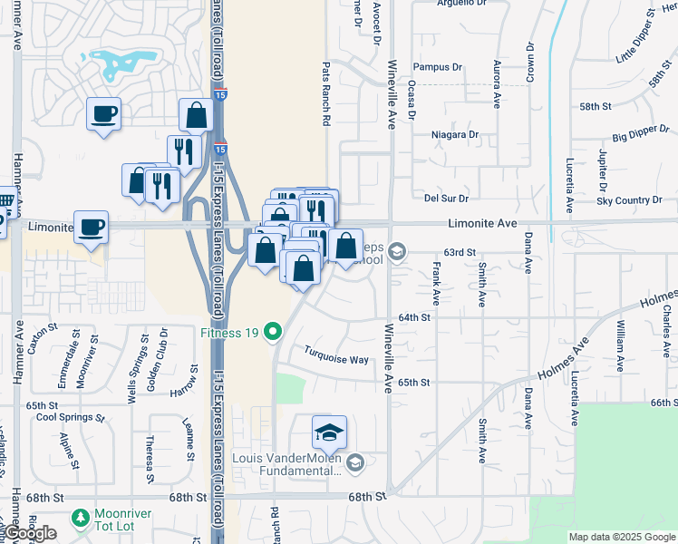 map of restaurants, bars, coffee shops, grocery stores, and more near 11805 Silver Loop in Jurupa Valley