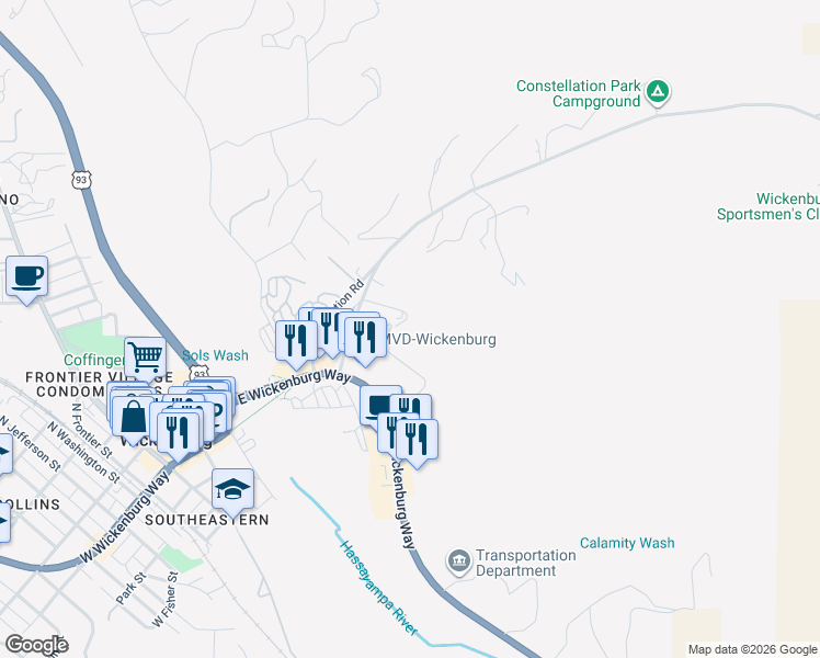 map of restaurants, bars, coffee shops, grocery stores, and more near 590 El Recreo Court in Wickenburg