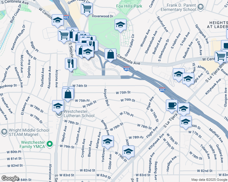 map of restaurants, bars, coffee shops, grocery stores, and more near 5957 West 75th Street in Los Angeles