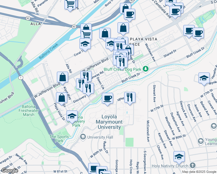 map of restaurants, bars, coffee shops, grocery stores, and more near 12860 South Seaglass Circle in Los Angeles
