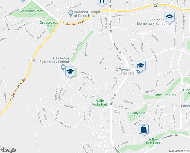 map of restaurants, bars, coffee shops, grocery stores, and more near 15413 Oakgrove Court in Chino Hills
