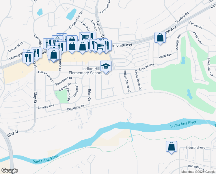 map of restaurants, bars, coffee shops, grocery stores, and more near 7667 High Prairie Trail in Riverside