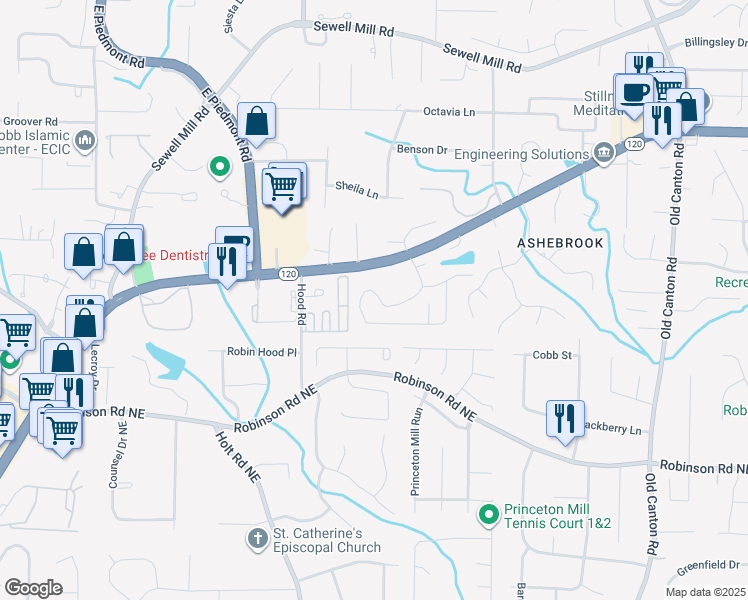 map of restaurants, bars, coffee shops, grocery stores, and more near 977 Bridgegate Drive Northeast in Marietta