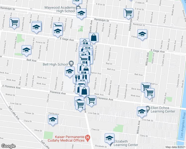 map of restaurants, bars, coffee shops, grocery stores, and more near 6828 Woodward Avenue in Bell