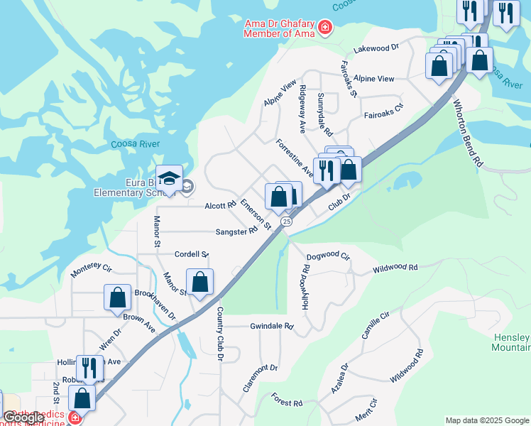map of restaurants, bars, coffee shops, grocery stores, and more near 1113 Sangster Road in Gadsden