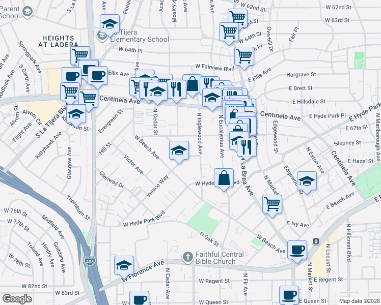 map of restaurants, bars, coffee shops, grocery stores, and more near 317 Venice Way in Inglewood