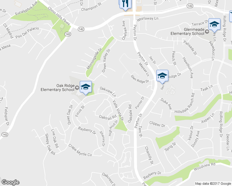 map of restaurants, bars, coffee shops, grocery stores, and more near 15413 Oakgrove Court in Chino Hills