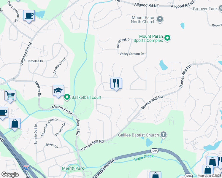 map of restaurants, bars, coffee shops, grocery stores, and more near 994 Soaring Way Northeast in Marietta
